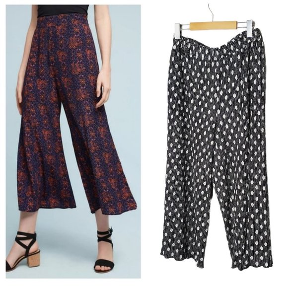 By Anthropologie Pants Wide Leg Cropped Culottes Trendy Boho Hippie Black M - Picture 1 of 12